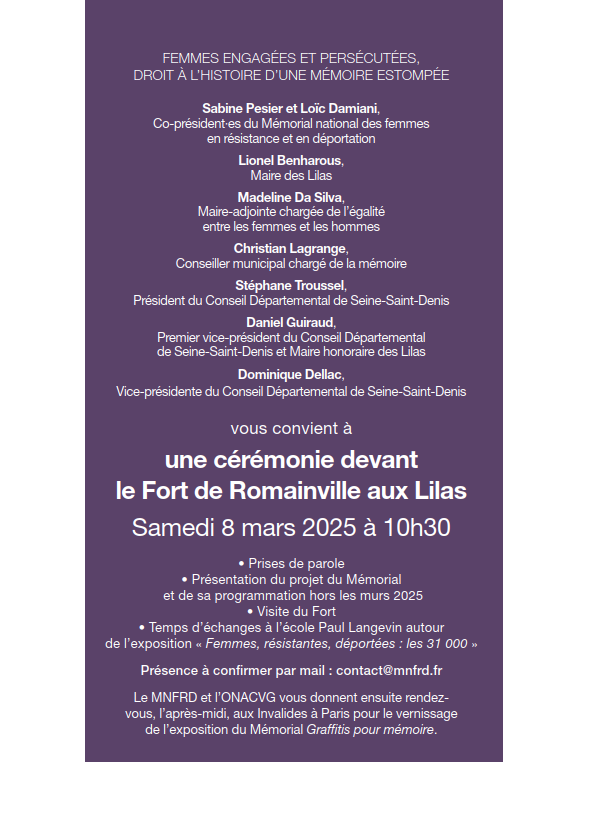 Invitation 8 mars 2025 Mémorial National Femmes en Résistance et en Déportation verso